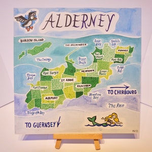 Carte aquarelle imprimée d’Aurigny, Îles Anglo-Normandes