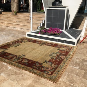 Vintage Oushak Wool Rug, Hand Knotted Bohemian Rug (8.5x7.4 ft)