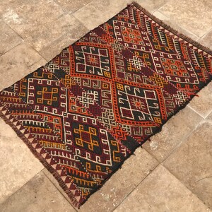 3X2 Hand embroidery rug, Anatolian Kilim 94x60 Cm ,decorative Kilim Turkish rug vintage Kilim, pure wool , hand made Wall and floor rug