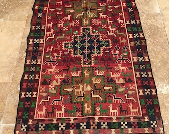 Handmade Turkish Kilim Rug, Anatolian Wool Animal Print (4x3 ft)