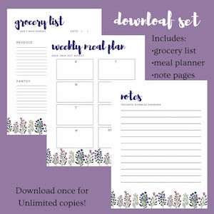 Floral Download Set - Meal Planner, Grocery List, Notepad