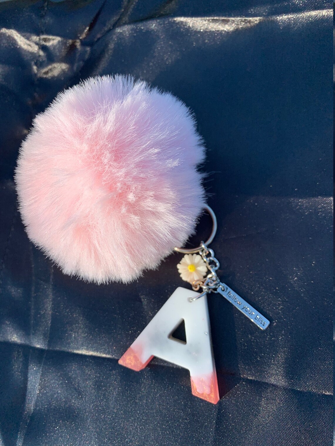 Initial Keychain with Pom Pom Etsy