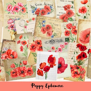 Junk Journal, Poppy Ephemera Pack, scrapbooking, Post Card, A4