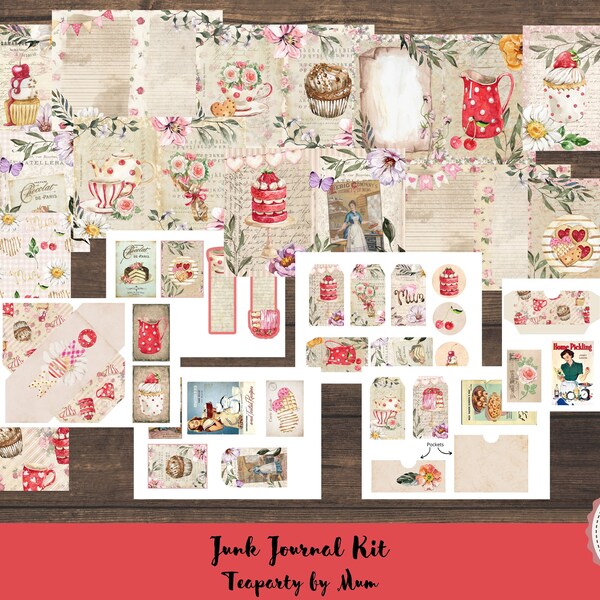 Junk Journal Teaparty by Mum, Printable Kit, Digital Download, Teacups, Pages, Scrapbook, Backing Papers, A4