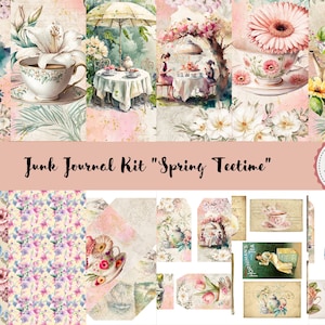 Könnte beinhalten: Ein digitales Junk-Journal-Kit mit dem Titel "Spring Teetime" mit Aquarellillustrationen von Teetassen, Blumen und Tee-Settings im Freien. Das Kit enthält 21 Seiten mit druckbaren Designs in sanften Pastellfarben.