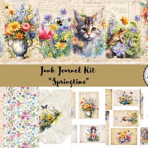 Könnte beinhalten: Ein digitales Junk Journal Kit mit 22 Seiten zum Thema Frühling. Das Kit enthält Bilder von Blumen, einem Reh, einer Katze, einem Frosch, einer Fee und verschiedenen Mustern.