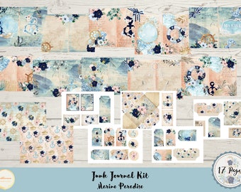 Junk Journal Marine Paradise Printable Kit, Téléchargement numérique, Été, Maritime, Papiers de support, A4