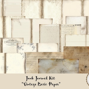 Könnte beinhalten: Ein digitales Junk Journal Kit mit 14 Seiten Vintage-Papiertexturen. Das Kit enthält Seiten mit Linien, Handschrift und floralen Designs. Der Text "Junk Journal Kit "Vintage Basic Paper" befindet sich am unteren Rand des Bildes.