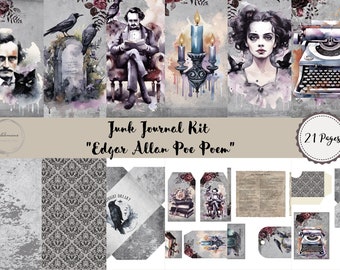 Junk Journal Edgar Allan Poe Poem Printable Kit, Digital Download, Pages, Backing Papers, A4