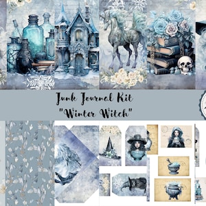 Junk Journal Winter Witch Printable Kit, Digital Download, Pages, Backing Papers, A4