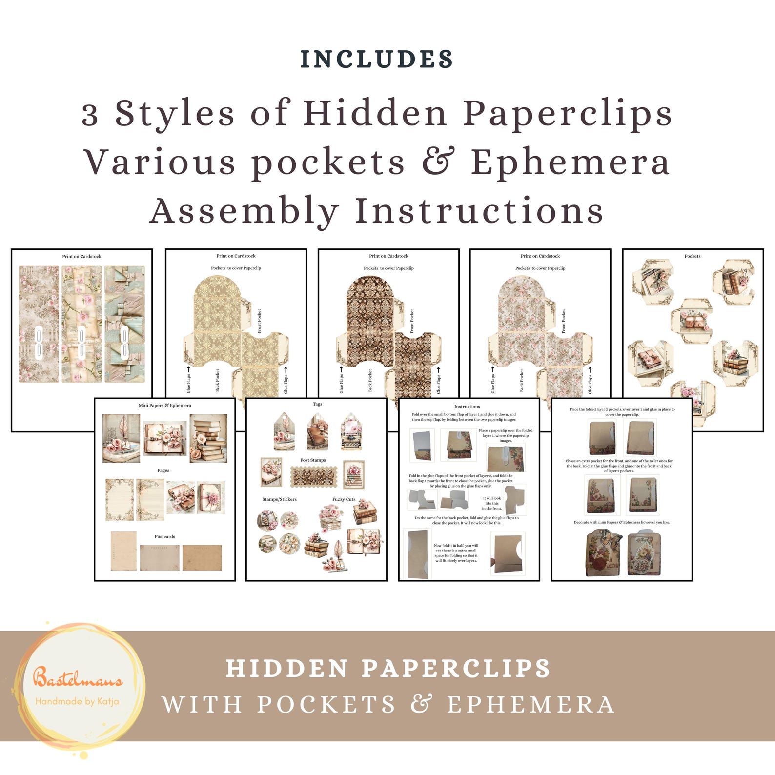 Hidden Paperclips Shabby Chic, Printable Kit, Digital Download ...