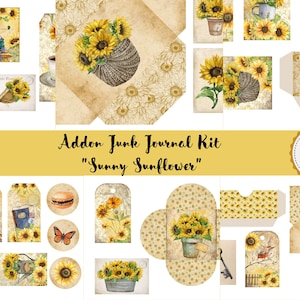 ADDON Junk Journal Sunny Sunflower Kit imprimable, Téléchargement numérique, Pages, Papiers protecteurs, A4