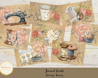 Journal Cards Vintage Sewing, Junk Journal, Ephemera, printable, digital download, scrapbooking, Ephemera Pack, 8 pieces