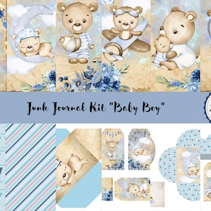 Kit stampabile Junk Journal Baby Boy, download digitale, pagine, documenti di supporto, A4