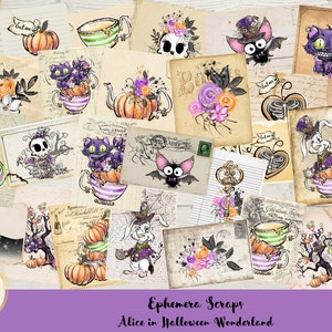 Könnte beinhalten: Eine digitale Collage mit Halloween-Motiven, darunter ein weißes Kaninchen, eine schwarze Katze, eine Fledermaus, ein Kürbis und eine Teetasse. Die Bilder sind vor einem Hintergrund aus altem Papier und Pergament angeordnet. Der Text "Ephemera Scraps Alice in Halloween Wonderland" befindet sich am unteren Rand des Bildes.
