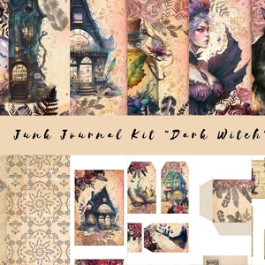 Junk Journal Dark Witch Printable Kit, Digital Download, Pages, Backing Papers, A4