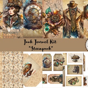 Junk Journal Steampunk Printable Kit, Digital Download, Pages, Backing Papers, A4