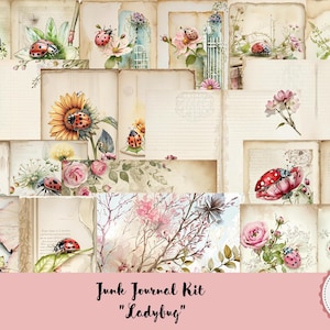 Pode incluir: Kit de diário de sucata com 16 páginas com um tema de joaninha. As páginas incluem imagens de joaninhas, flores e outros designs inspirados na natureza.