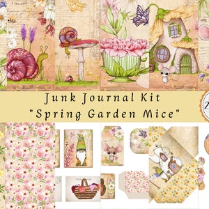 Könnte beinhalten: Ein digitales Junk Journal Kit mit 20 Seiten, das ein Frühlingsgarten-Thema mit Mäusen, Blumen, Schnecken und einem Zwerg zeigt. Das Kit enthält eine Vielzahl von Bildern und Mustern, die verwendet werden können, um einzigartige und personalisierte Journale zu erstellen.