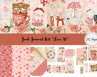 Junk Journal Love U Druckbares Kit, Digitaler Download, Love, Pages, Backing Papers, A4