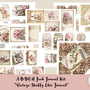 Può includere: Un kit di diario di scarto digitale con 7 pagine con disegni vintage shabby chic. Il kit include immagini di libri, fiori e altri elementi decorativi. Il testo "ADD-ON Junk Journal Kit "Vintage Shabby Chic Journal" 7 Pages" è visibile nella parte inferiore dell'immagine.