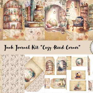 Könnte beinhalten: Digitales Junk-Journal-Kit "Cozy Read Corner" mit Aquarellillustrationen von gemütlichen Leseecken, Bücherregalen und Vintage-Elementen. Enthält gemusterte Papiere, Tags und Ephemera. Das Kit enthält 21 Seiten.