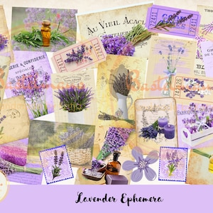 Junk Journal, Lavender Ephemera Pack, scrapbooking, Post Card, Collage Sheet