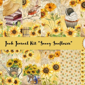 Junk Journal Sunny Sunflower Printable Kit, Digital Download, Pages, Backing Papers, A4