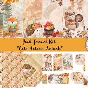 Könnte beinhalten: Junk Journal Kit "Cute Autumn Animals" mit Aquarellillustrationen von Waldtieren. Das Set enthält Tags, gemusterte Papiere und runde Verzierungen mit Herbstlaub. Das Set enthält 20 Seiten.