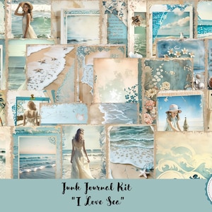 Junk Journal I Love Sea, Download, Eiffel Tower, Shabby Chic, Digital Download, Pages, Backing Papers, A4