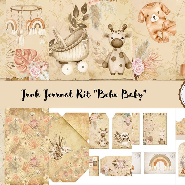 Junk Journal Boho Baby Printable Kit, Téléchargement numérique, Bébé, Pages, Papiers de support, A4