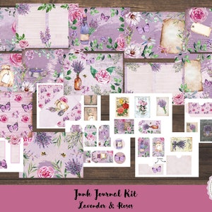 Junk Journal Lavender & Roses, Printable Kit, Digital Download, Flowers, Pages, Scrapbook, Backing Papers, A4