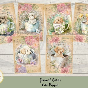 Journal Cards Cute Puppies, Junk Journal, Ephemera, imprimable, téléchargement numérique, scrapbooking, Ephemera Pack, 6 pièces, A4