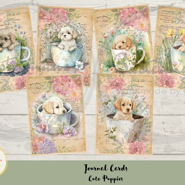 Journal Cards Cute Puppies, Junk Journal, Ephemera, printable, digitaler download, scrapbooking, Ephemera Pack, 6 Stück, A4