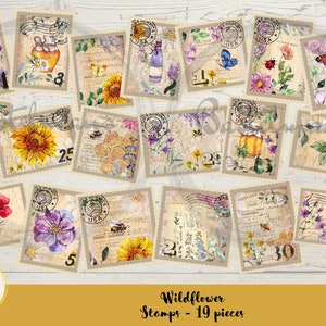 Wildflower Stamps, Printable, Junk Journal, Ephemera, Papers, Collage Sheet, Scrapbook, Embellishment, Download