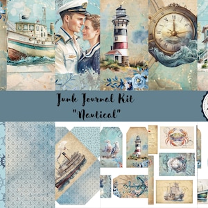 Junk Journal Kit stampabile nautico, Download digitale, Pagine, Documenti di supporto, A4