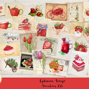 Ephemera Scraps Strawberry Life, Junk Journal, Ephemera, scrapbooking, Printable Ephemera Pack, A4