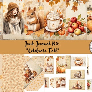 Könnte beinhalten: Ein digitales Junk-Journal-Kit mit dem Titel "Celebrate Fall" mit Aquarellillustrationen zum Thema Herbst. Enthält Bilder von Kürbissen, Äpfeln, einem Eichhörnchen, einer Frau und Herbstblättern. Das Kit enthält 23 Seiten.