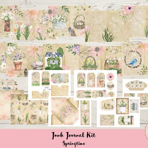 Könnte beinhalten: Ein Junk-Journal-Kit zum Thema Frühling mit verschiedenen Papierelementen. Das Kit enthält Aquarellillustrationen von Blumen, Vögeln und Vintage-Hintergründen. Der Text "Junk Journal Kit Springtime" ist sichtbar. Das Kit enthält 18 Seiten.