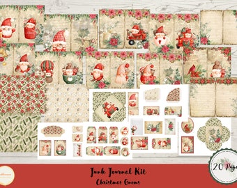 Junk Journal Christmas Gnomes Printable Kit, Digital Download, Christmas, Pages, Backing Papers, A4