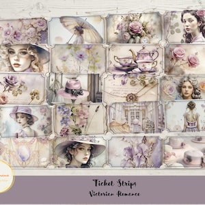 Könnte beinhalten: Eine Sammlung von Tickets im viktorianischen Stil mit Aquarellillustrationen. Die Tickets zeigen Porträts von Frauen, Blumenarrangements, Hüte und Teetassen in sanften Pastellfarben. Der Text "Ticket Strips Victorian Romance" ist sichtbar.