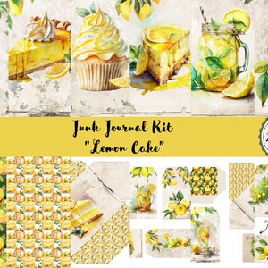 Junk Journal Lemon Cake Printable Kit, Digital Download, Pages, Backing Papers, A4