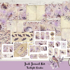 May include: A collection of vintage-style paper ephemera with a Twilight Garden theme. The kit includes patterned papers, tags, and embellishments in shades of purple, beige, and brown, featuring floral, bird, and moth illustrations. The text on the image reads "Junk Journal Kit Twilight Garden 20 Pages."