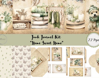 Junk Journal Home Sweet Home Kit imprimable, Téléchargement numérique, Pages, Papiers de support, A4