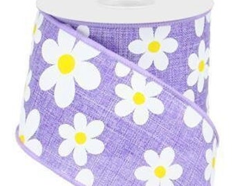 White Daisy Print Wired Ribbon on Lavender Royal 2.5" x 10 Yard Ribbon by the Roll for Spring and Floral Wreaths Bows and Decor