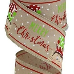 May include: A 2.5 inch wide brown ribbon with white polka dots and red stripes. The ribbon features a repeating pattern of elves peeking out from behind the text "Merry Christmas" in green and red lettering.