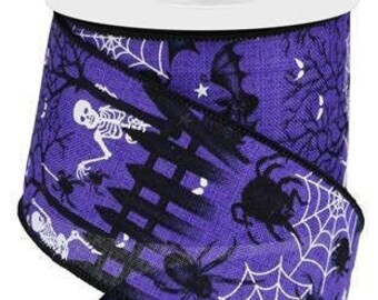 Purple Spooky Halloween Wired Ribbon by the Roll 2.5" x 10 Yards Spiderwebs, Bats, Spiders, Skeletons, Cobweb Halloween Ribbon for Wreaths