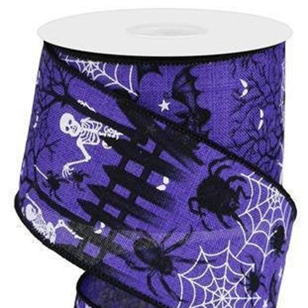 Purple Spooky Halloween Wired Ribbon by the Roll 2.5" x 10 Yards Spiderwebs, Bats, Spiders, Skeletons, Cobweb Halloween Ribbon for Wreaths