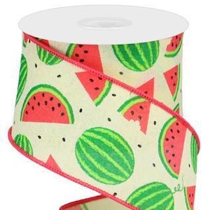 Watermelon Wired Ribbon – 2.5&quot; Cream, Red, Black, Green – Summer Fruit Print Bow Ribbon 10 Yards - Fruit Summer Ribbon for Wreaths & Crafts