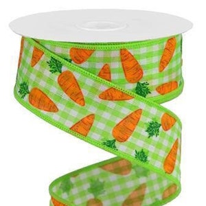 Green and White Gingham Check Wired Ribbon by the roll with Orange Carrots 1.5&quot; x 10 Yard Easter and Spring Themed Ribbon for Bows & Wreaths